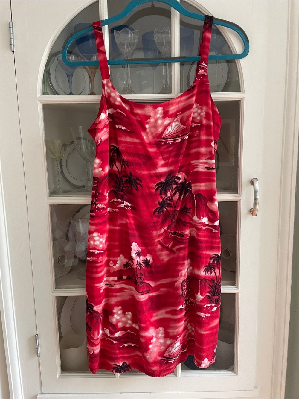 Red Tropical Slip Dress with Palm Print